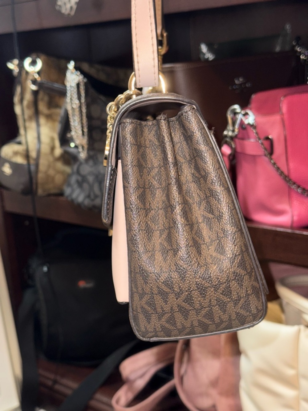 Michael Kors Brown Signature Crossbody with Blush Pink Flap & Gold Chain - Picture 3 of 7